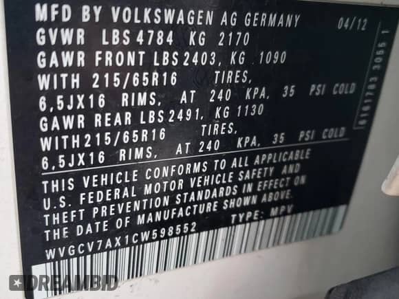 2012 Volkswagen Tiguan S с VIN WVGCV7AX1CW598552, выставлен на аукционе Copart как лот 41582135 с пробегом 149 666 миль миль и Чистый • Clean title. История ставок и продаж доступна на DreamBid. Изображение 13.