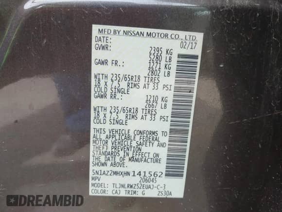 2017 Nissan Murano S with VIN 5N1AZ2MHXHN141562, listed as a IAAI auction lot 43076420 with 86,267 mi miles and . Bid and sale history available at DreamBid. Image 9.