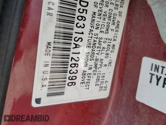 1995 Honda Accord LX with VIN 1HGCD5631SA126396, listed as a Copart auction lot 64218685 with 113,279 mi miles and Non repairable. Bid and sale history available at DreamBid. Image 13.