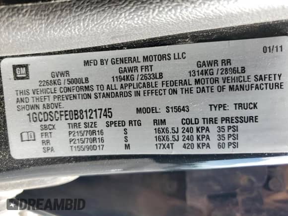 2011 Chevrolet Colorado 1LT with VIN 1GCDSCFE0B8121745, listed as a Copart auction lot 58164245 with Not provided miles and Clean title. Bid and sale history available at DreamBid. Image 12.