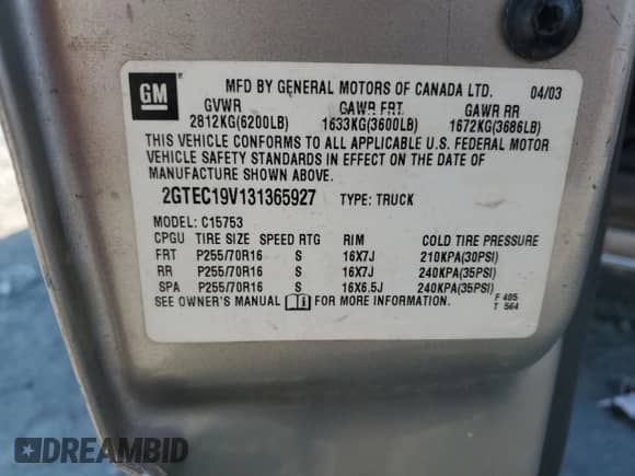 2003 GMC Sierra 1500 SLE with VIN 2GTEC19V131365927, listed as a Copart auction lot 62134075 with 323,414 mi miles and Salvage title. Bid and sale history available at DreamBid. Image 12.