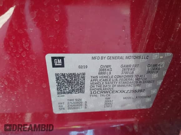2019 Chevrolet Silverado 1500 LT with VIN 1GCRWCEKXKZ255397, listed as a IAAI auction lot 41131820 with 50,735 mi miles and . Bid and sale history available at DreamBid. Image 9.