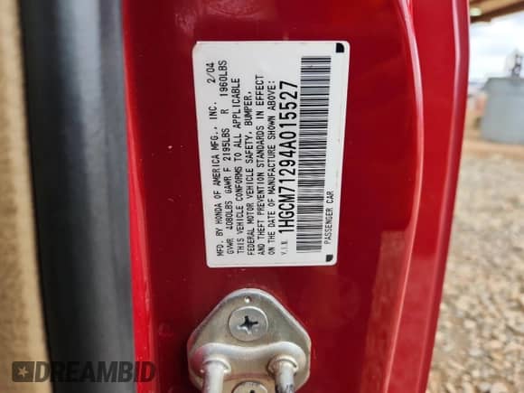 2004 Honda Accord LX with VIN 1HGCM71294A015527, listed as a Copart auction lot 85730995 with 282,960 mi miles and Salvage title. Bid and sale history available at DreamBid. Image 12.