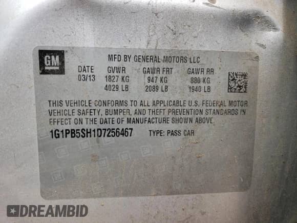 2013 Chevrolet Cruze LS с VIN 1G1PB5SH1D7256467, выставлен на аукционе Copart как лот 55423835 с пробегом 101 261 миль миль и Списание • Salvage title. История ставок и продаж доступна на DreamBid. Изображение 12.