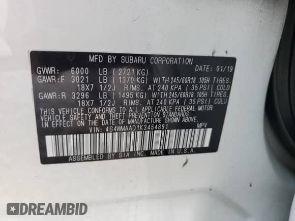 2019 Subaru Ascent z VIN 4S4WMAAD1K3454891, wystawiony jako Copart lot #75309884 z przebiegiem 72 931 mil mil oraz Szkoda całkowita • Salvage title. Historia ofert i sprzedaży dostępna na DreamBid. Obrazek 13.