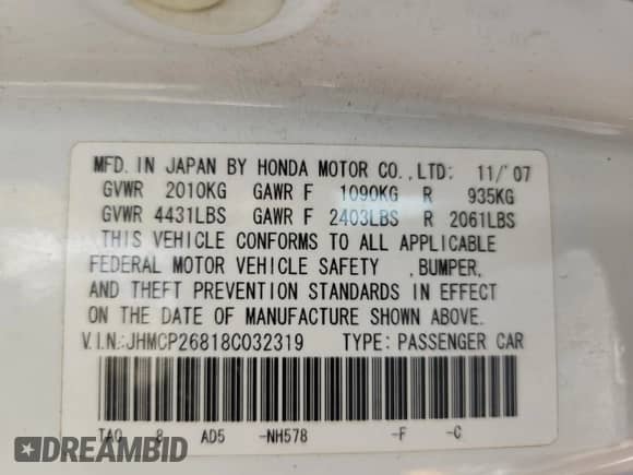 2008 Honda Accord EX-L с VIN JHMCP26818C032319, выставлен на аукционе Copart как лот 70415795 с пробегом 127 475 миль миль и Списание • Salvage title. История ставок и продаж доступна на DreamBid. Изображение 13.