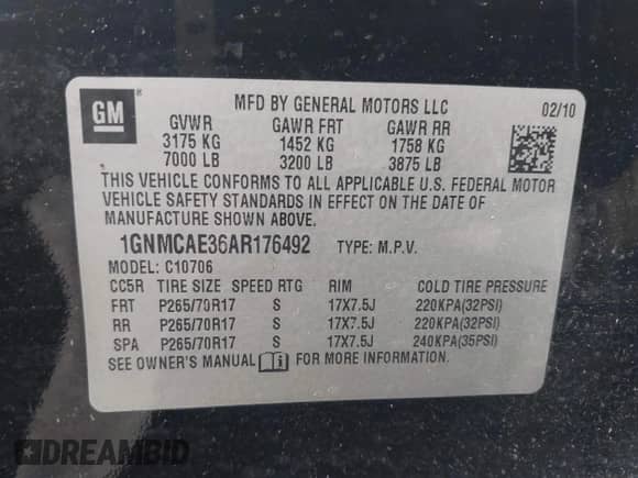 2010 Chevrolet Tahoe LS with VIN 1GNMCAE36AR176492, listed as a IAAI auction lot 42445566 with 203,265 mi miles and . Bid and sale history available at DreamBid. Image 9.
