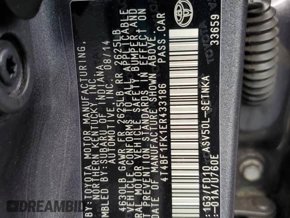 2014 Toyota Camry L с VIN 4T4BF1FK1ER433186, выставлен на аукционе Copart как лот 89513695 с пробегом 141 979 миль миль и Списание • Salvage title. История ставок и продаж доступна на DreamBid. Изображение 12.