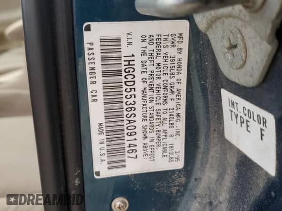 1995 Honda Accord LX с VIN 1HGCD5536SA091467, выставлен на аукционе Copart как лот 80224824 с пробегом 186 314 миль миль и На запчасти • Non repairable. История ставок и продаж доступна на DreamBid. Изображение 12.