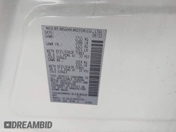 2014 Nissan Pathfinder SV z VIN 5N1AR2MN4EC626860, wystawiony jako IAAI lot #42094147 z przebiegiem 275 819 mil mil oraz . Historia ofert i sprzedaży dostępna na DreamBid. Obrazek 9.