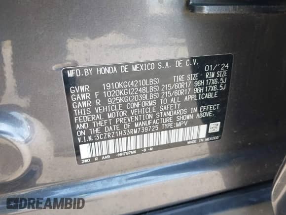 2024 Honda HR-V LX с VIN 3CZRZ1H33RM739725, выставлен на аукционе IAAI как лот 42440597 с пробегом 16 323 миль миль и . История ставок и продаж доступна на DreamBid. Изображение 9.