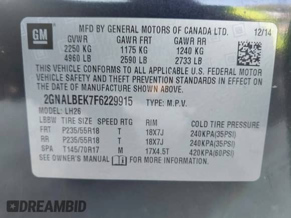 2015 Chevrolet Equinox LT с VIN 2GNALBEK7F6229915, выставлен на аукционе IAAI как лот 43248068 с пробегом 159 511 миль миль и . История ставок и продаж доступна на DreamBid. Изображение 9.