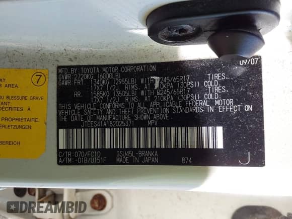 2008 Toyota Highlander with VIN JTEES41A182025371, listed as a IAAI auction lot 43546209 with 248,702 mi miles and . Bid and sale history available at DreamBid. Image 9.