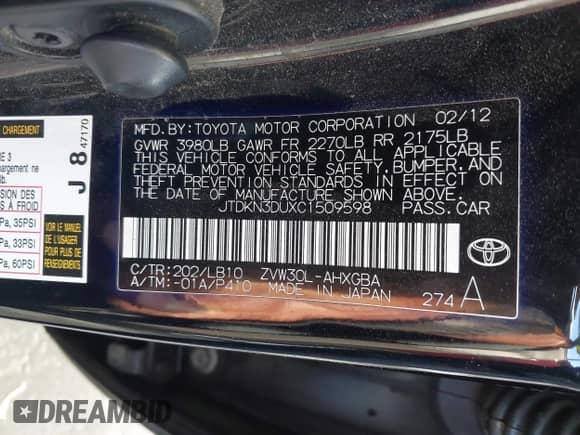 2012 Toyota Prius One with VIN JTDKN3DUXC1509598, listed as a IAAI auction lot 43203639 with 167,675 mi miles and . Bid and sale history available at DreamBid. Image 9.