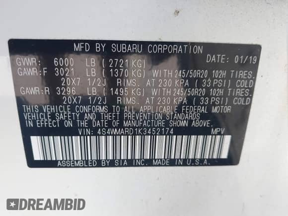 2019 Subaru Ascent Touring with VIN 4S4WMARD1K3452174, listed as a IAAI auction lot 43521348 with 61,274 mi miles and . Bid and sale history available at DreamBid. Image 9.