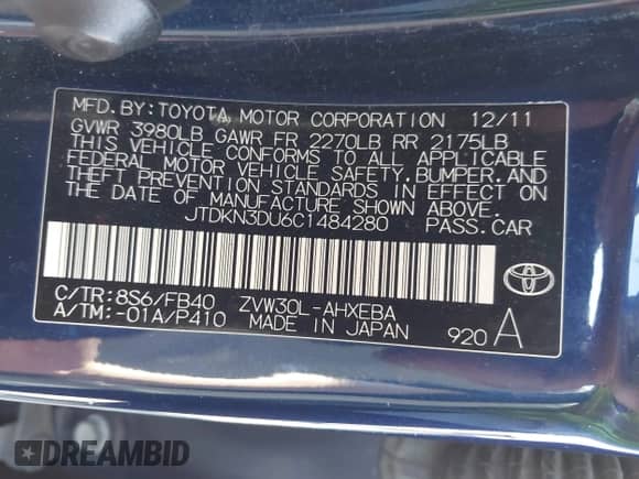 2012 Toyota Prius One with VIN JTDKN3DU6C1484280, listed as a IAAI auction lot 43271294 with 161,229 mi miles and . Bid and sale history available at DreamBid. Image 9.