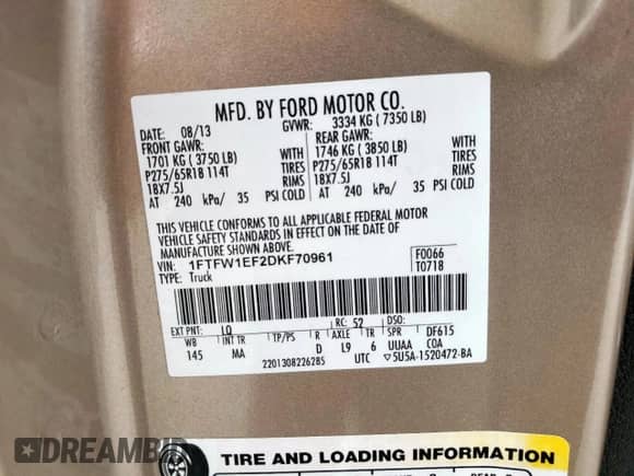 2013 Ford F-150 XLT с VIN 1FTFW1EF2DKF70961, выставлен на аукционе Copart как лот 71260415 с пробегом 107 486 миль миль и Списание • Salvage title. История ставок и продаж доступна на DreamBid. Изображение 12.