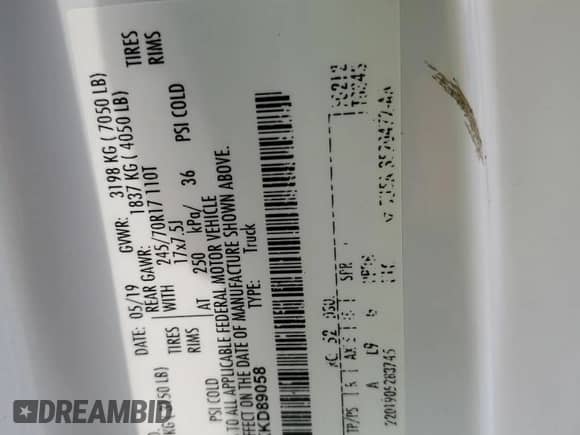 2019 Ford F-150 XL with VIN 1FTNF1C40KKD89058, listed as a Copart auction lot 63053485 with 233,103 mi miles and Salvage title. Bid and sale history available at DreamBid. Image 12.