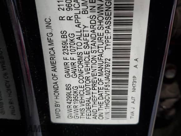 2018 Honda Accord EX-L с VIN 1HGCV1F51JA027972, выставлен на аукционе Copart как лот 84750665 с пробегом 94 882 миль миль и Списание • Salvage title. История ставок и продаж доступна на DreamBid. Изображение 12.