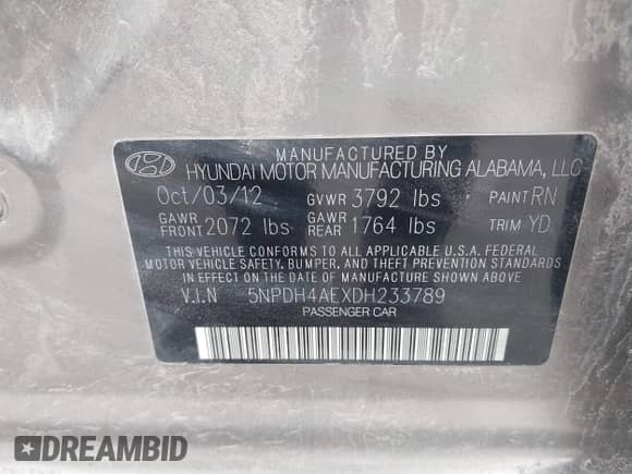 2013 Hyundai Elantra GLS z VIN 5NPDH4AEXDH233789, wystawiony jako IAAI lot #43572921 z przebiegiem 168 467 mil mil oraz . Historia ofert i sprzedaży dostępna na DreamBid. Obrazek 9.