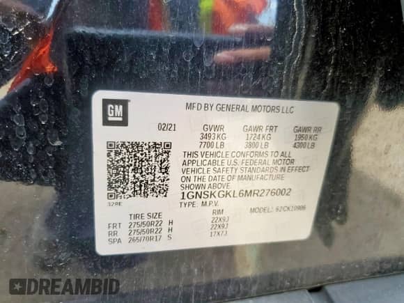 2021 Chevrolet Suburban High Country with VIN 1GNSKGKL6MR276002, listed as a Copart auction lot 57682825 with 67,706 mi miles and Salvage title. Bid and sale history available at DreamBid. Image 14.