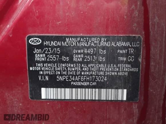 2015 Hyundai Sonata Sport with VIN 5NPE34AF6FH173024, listed as a IAAI auction lot 43279960 with 120,158 mi miles and . Bid and sale history available at DreamBid. Image 9.