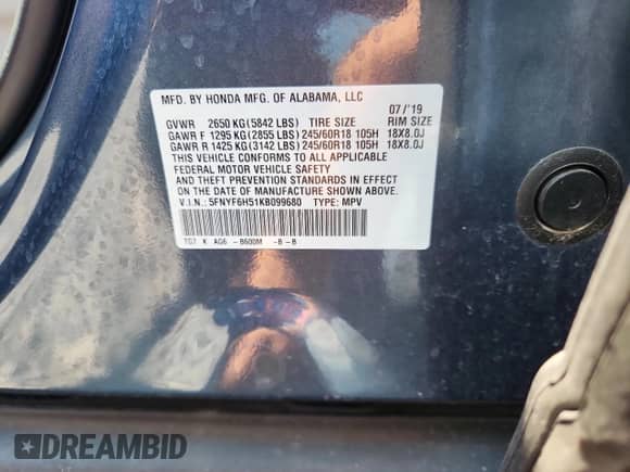 2019 Honda Pilot EX-L z VIN 5FNYF6H51KB099680, wystawiony jako Copart lot #81247275 z przebiegiem 96 221 mil mil oraz Szkoda całkowita • Salvage title. Historia ofert i sprzedaży dostępna na DreamBid. Obrazek 12.