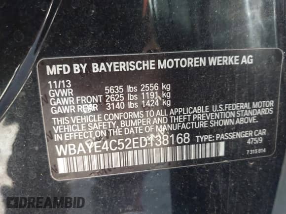 2014 BMW 7 Series 740Li with VIN WBAYE4C52ED138168, listed as a IAAI auction lot 43483619 with 109,048 mi miles and . Bid and sale history available at DreamBid. Image 9.