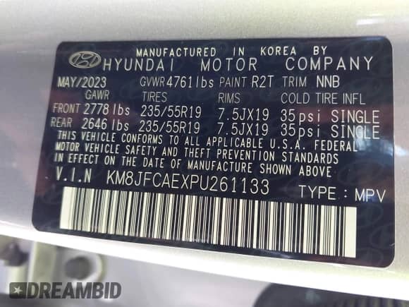 2023 Hyundai Tucson XRT with VIN KM8JFCAEXPU261133, listed as a IAAI auction lot 42270010 with 34,709 mi miles and . Bid and sale history available at DreamBid. Image 9.