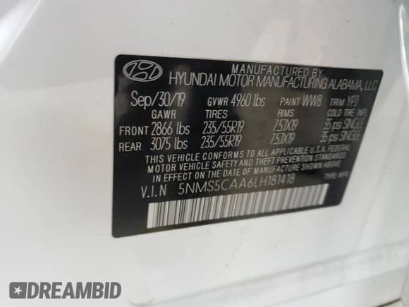 2020 Hyundai Santa Fe Limited with VIN 5NMS5CAA6LH181418, listed as a Copart auction lot 81714485 with 48,263 mi miles and Salvage title. Bid and sale history available at DreamBid. Image 13.