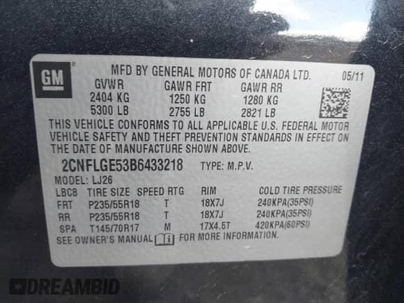 2011 Chevrolet Equinox LTZ with VIN 2CNFLGE53B6433218, listed as a IAAI auction lot 43048632 with 110,035 mi miles and . Bid and sale history available at DreamBid. Image 9.