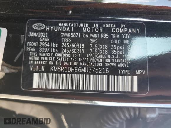 2021 Hyundai Palisade SE с VIN KM8R1DHE6MU275216, выставлен на аукционе Copart как лот 60052375 с пробегом 78 169 миль миль и Списание • Salvage title. История ставок и продаж доступна на DreamBid. Изображение 13.