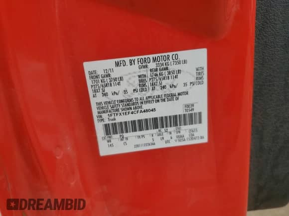 2012 Ford F-150 XL с VIN 1FTFX1EF4CFA48045, выставлен на аукционе Copart как лот 70494005 с пробегом Не указан миль и На запчасти • Non repairable. История ставок и продаж доступна на DreamBid. Изображение 12.