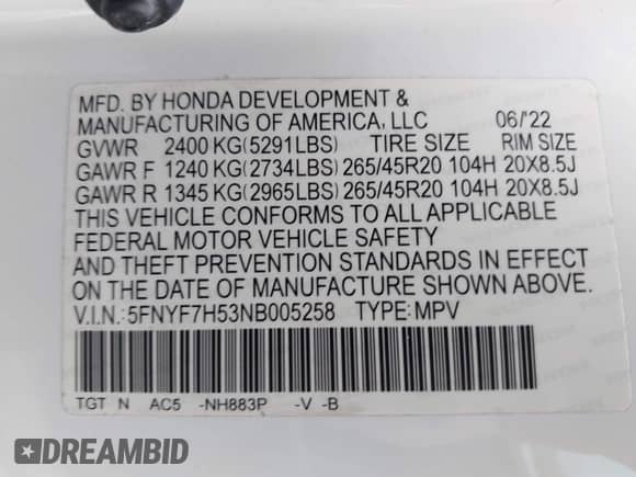 2022 Honda Passport EX-L с VIN 5FNYF7H53NB005258, выставлен на аукционе IAAI как лот 43291545 с пробегом 82 070 миль миль и . История ставок и продаж доступна на DreamBid. Изображение 9.