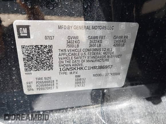 2017 Chevrolet Suburban LT с VIN 1GNSKHKC1HR386967, выставлен на аукционе IAAI как лот 43114547 с пробегом 90 351 миль миль и . История ставок и продаж доступна на DreamBid. Изображение 9.