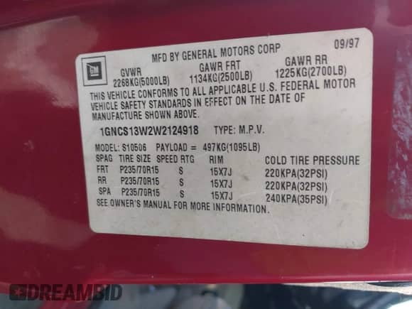 1998 Chevrolet Blazer LS with VIN 1GNCS13W2W2124918, listed as a IAAI auction lot 42643342 with 176,695 mi miles and . Bid and sale history available at DreamBid. Image 9.