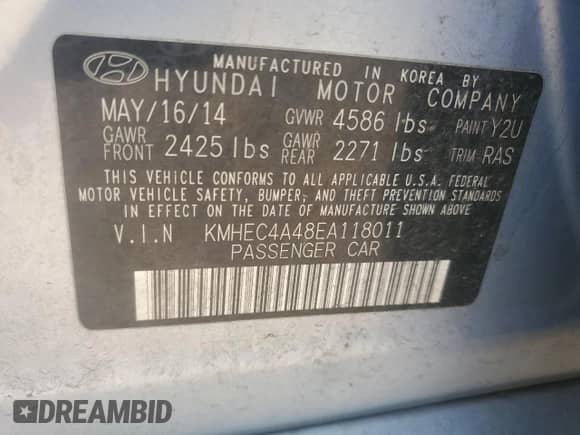 2014 Hyundai Sonata с VIN KMHEC4A48EA118011, выставлен на аукционе Copart как лот 60093975 с пробегом 98 436 миль миль и Списание • Salvage title. История ставок и продаж доступна на DreamBid. Изображение 13.