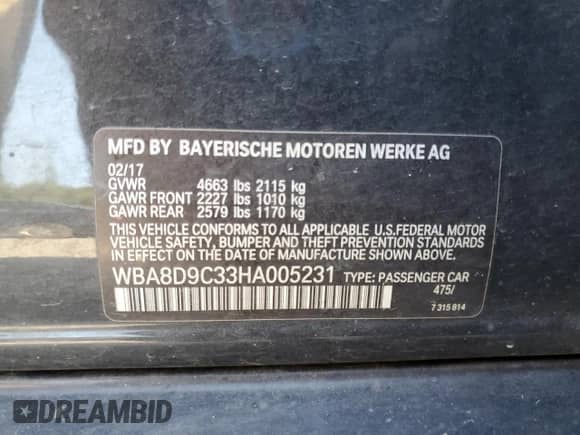 2017 BMW 3 Series 330i xDrive with VIN WBA8D9C33HA005231, listed as a Copart auction lot 68077915 with Not provided miles and Salvage title. Bid and sale history available at DreamBid. Image 12.