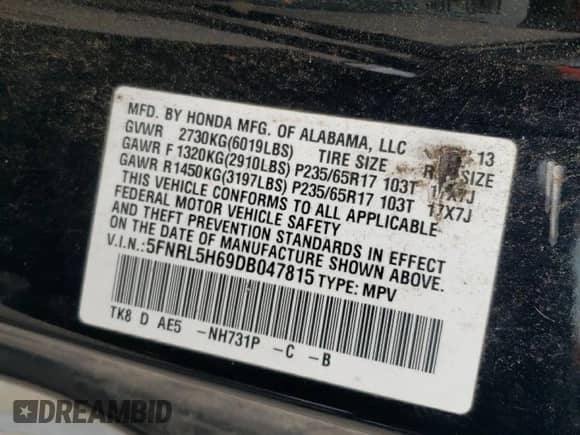 2013 Honda Odyssey EX-L with VIN 5FNRL5H69DB047815, listed as a Copart auction lot 83889515 with 203,648 mi miles and Clean title. Bid and sale history available at DreamBid. Image 13.