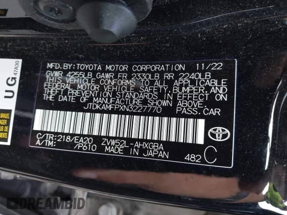 2022 Toyota Prius Limited с VIN JTDKAMFPXN3227770, выставлен на аукционе IAAI как лот 42695882 с пробегом 42 373 миль миль и . История ставок и продаж доступна на DreamBid. Изображение 9.