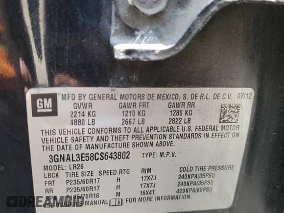 2012 Chevrolet Captiva Sport LT с VIN 3GNAL3E58CS643802, выставлен на аукционе Copart как лот 72177274 с пробегом 143 638 миль миль и Списание • Salvage title. История ставок и продаж доступна на DreamBid. Изображение 14.