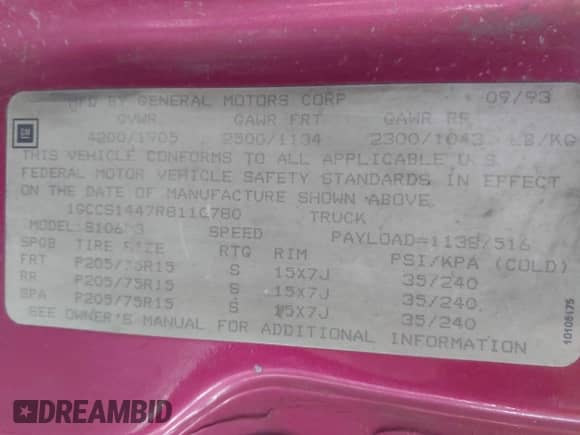 1994 Chevrolet S-10 z VIN 1GCCS1447R8110780, wystawiony jako IAAI lot #42418451 z przebiegiem 157 915 mil mil oraz . Historia ofert i sprzedaży dostępna na DreamBid. Obrazek 9.