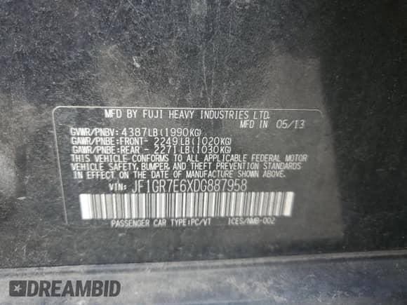 2013 Subaru WRX WRX Premium with VIN JF1GR7E6XDG887958, listed as a Copart auction lot 82614595 with 150,351 mi miles and Salvage title. Bid and sale history available at DreamBid. Image 12.