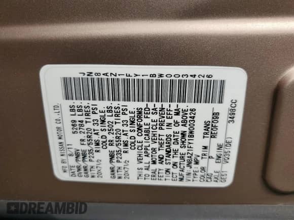 2011 Nissan Murano with VIN JN8AZ1FY1BW003426, listed as a Copart auction lot 68851985 with 171,829 mi miles and Salvage title. Bid and sale history available at DreamBid. Image 12.