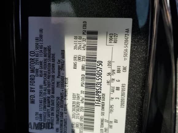 2020 Ford Mustang Shelby GT500 with VIN 1FA6P8SJ3L5505750, listed as a Copart auction lot 48548335 with 19,787 mi miles and Salvage title. Bid and sale history available at DreamBid. Image 14.