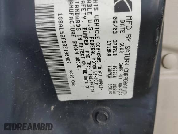 2003 Saturn ION ION 3 with VIN 1G8AL52F53Z198465, listed as a Copart auction lot 68854425 with 328,297 mi miles and Salvage title. Bid and sale history available at DreamBid. Image 12.