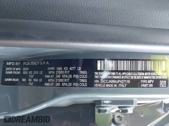 2018 Jeep Renegade Latitude with VIN ZACCJABB4JPH27118, listed as a IAAI auction lot 43283714 with 91,236 mi miles and . Bid and sale history available at DreamBid. Image 9.