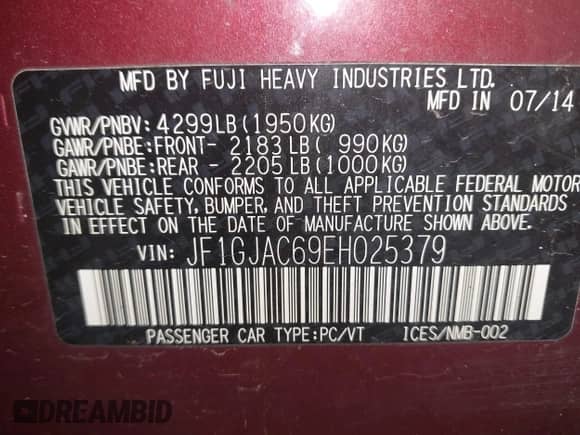 2014 Subaru Impreza Premium with VIN JF1GJAC69EH025379, listed as a IAAI auction lot 42849567 with 156,373 mi miles and . Bid and sale history available at DreamBid. Image 9.