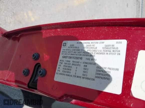 2000 Chevrolet Blazer LT z VIN 1GNDT13W1Y2358746, wystawiony jako IAAI lot #42200118 z przebiegiem 205 595 mil mil oraz . Historia ofert i sprzedaży dostępna na DreamBid. Obrazek 9.