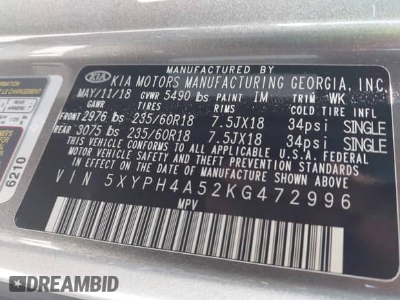 2019 Kia Sorento EX with VIN 5XYPH4A52KG472996, listed as a IAAI auction lot 42292670 with 120,767 mi miles and . Bid and sale history available at DreamBid. Image 9.